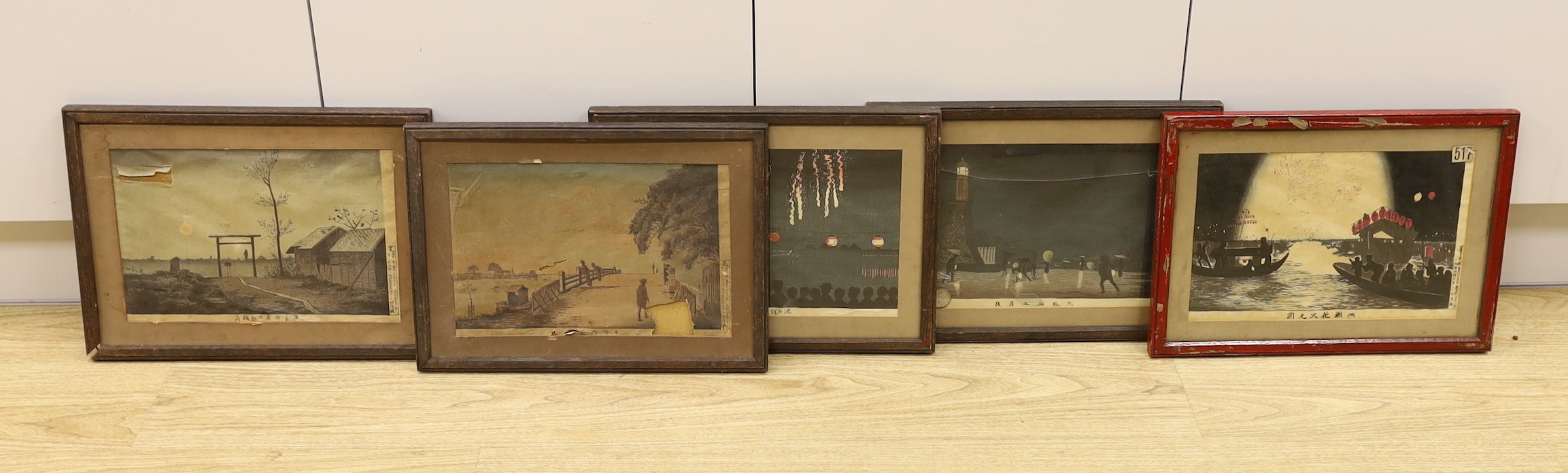 Kobayashi Kiyochika (1847-1915), five woodblock prints, Fireworks at Ikenohata, and other images, 21 x 31.5cm